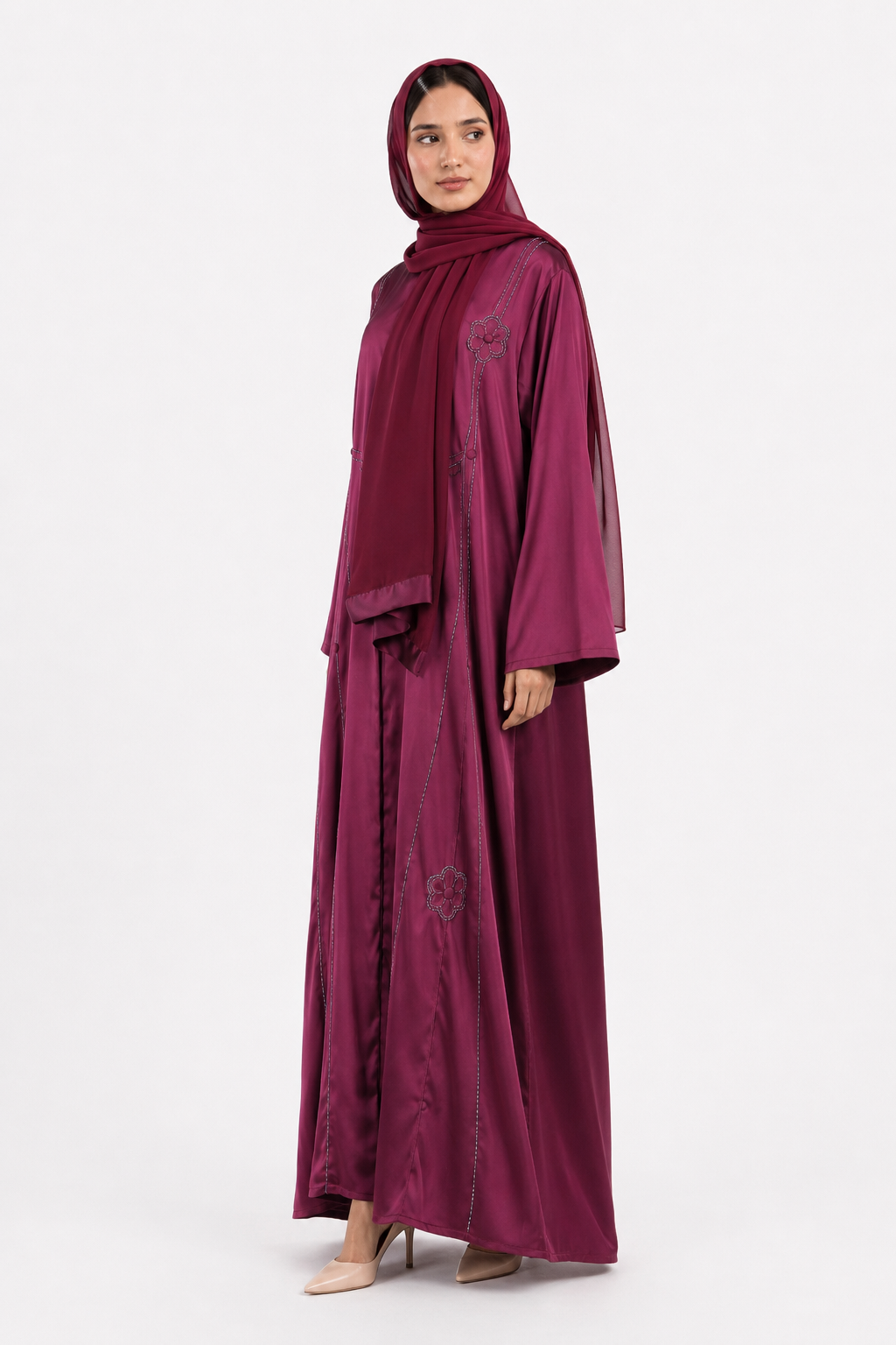 Wine Satin Embroidered Kaftaan Shrug Set